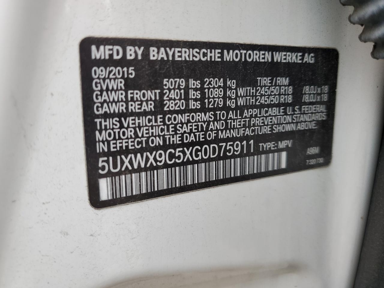 VIN 5UXWX9C5XG0D75911 2016 BMW X3 no.13