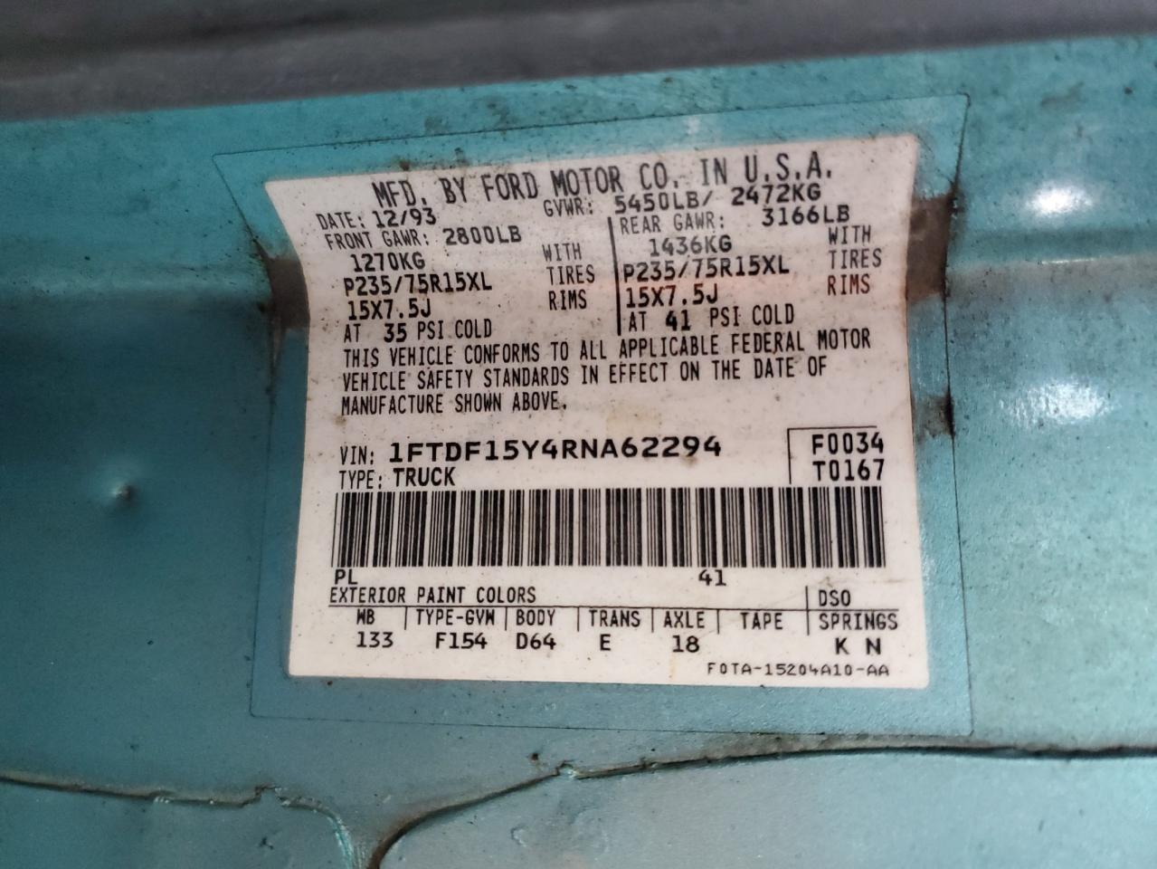1994 Ford F150 VIN: 1FTDF15Y4RNA62294 Lot: 57613315