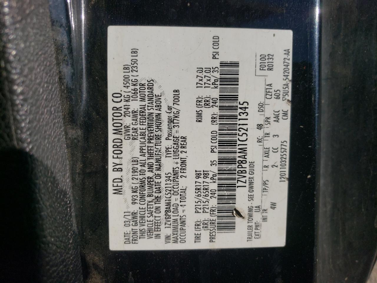 2012 Ford Mustang VIN: 1ZVBP8AM1C5211345 Lot: 78747244