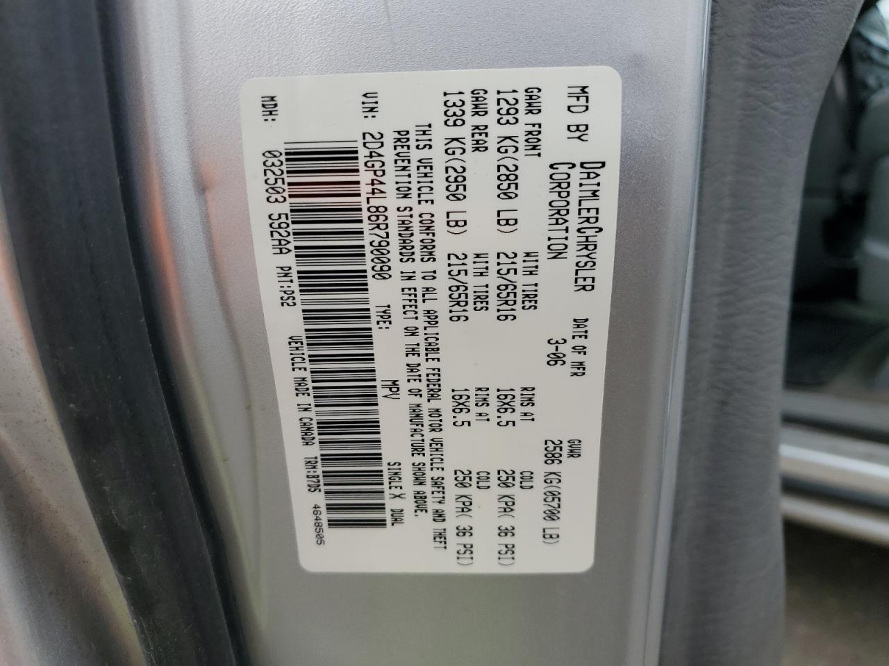 2006 Dodge Grand Caravan Sxt VIN: 2D4GP44L86R790090 Lot: 61932505