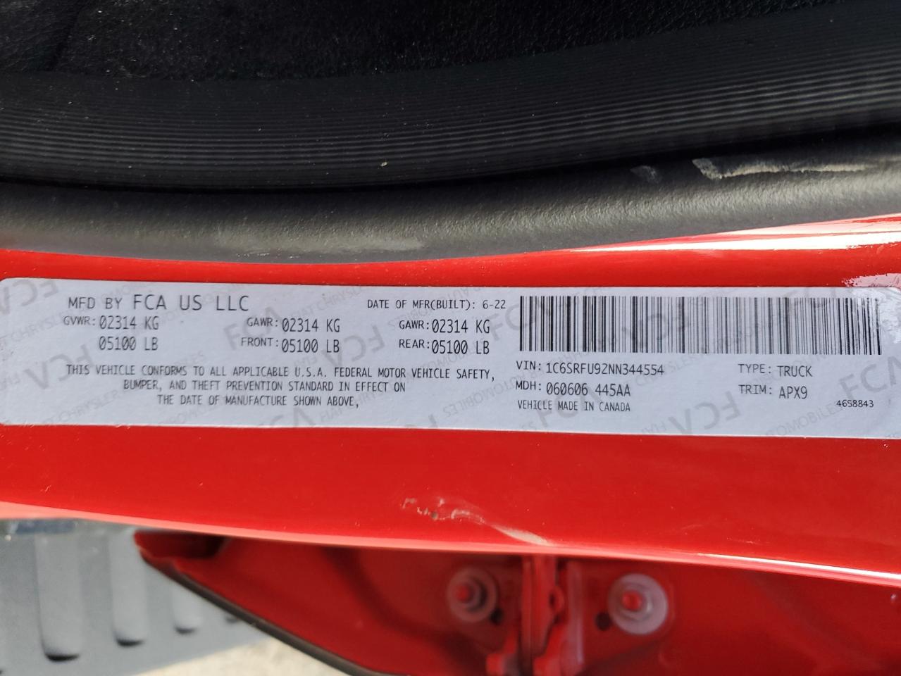 2022 Ram 1500 Trx VIN: 1C6SRFU92NN344554 Lot: 81556354