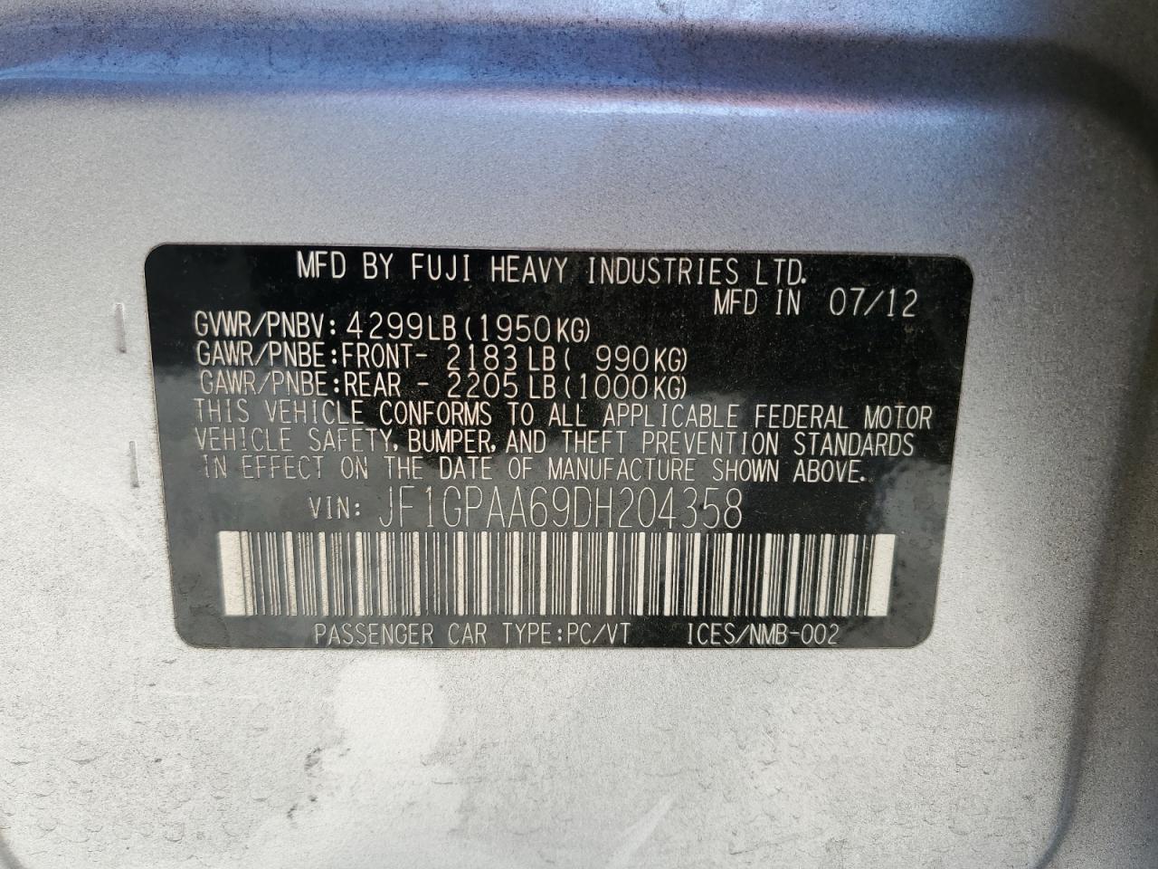 2013 Subaru Impreza Base VIN: JF1GPAA69DH204358 Lot: 79320074