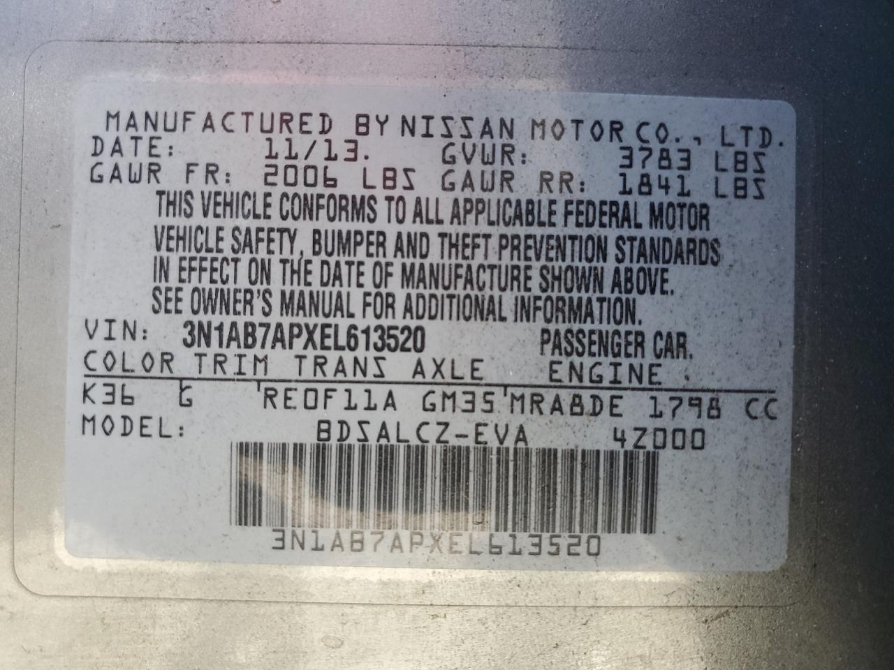 VIN 3N1AB7APXEL613520 2014 NISSAN SENTRA no.13