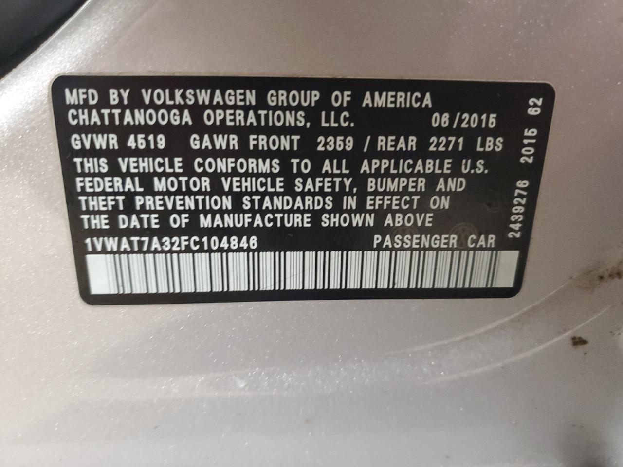 VIN 1VWAT7A32FC104846 2015 VOLKSWAGEN PASSAT no.12