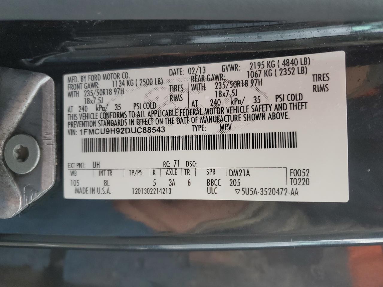 VIN 1FMCU9H92DUC88543 2013 FORD ESCAPE no.13