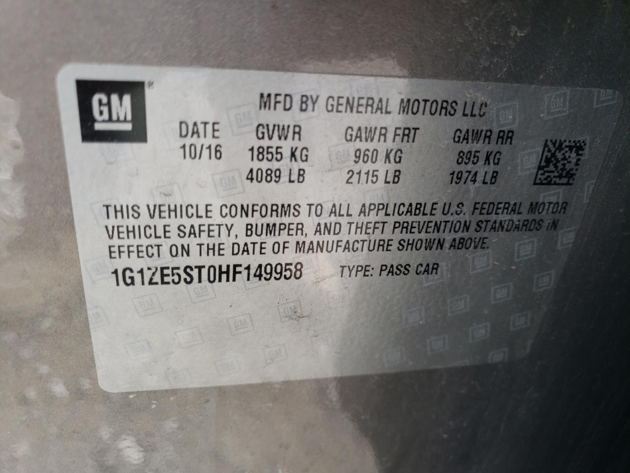 2017 Chevrolet Malibu Lt VIN: 1G1ZE5ST0HF149958 Lot: 81334604