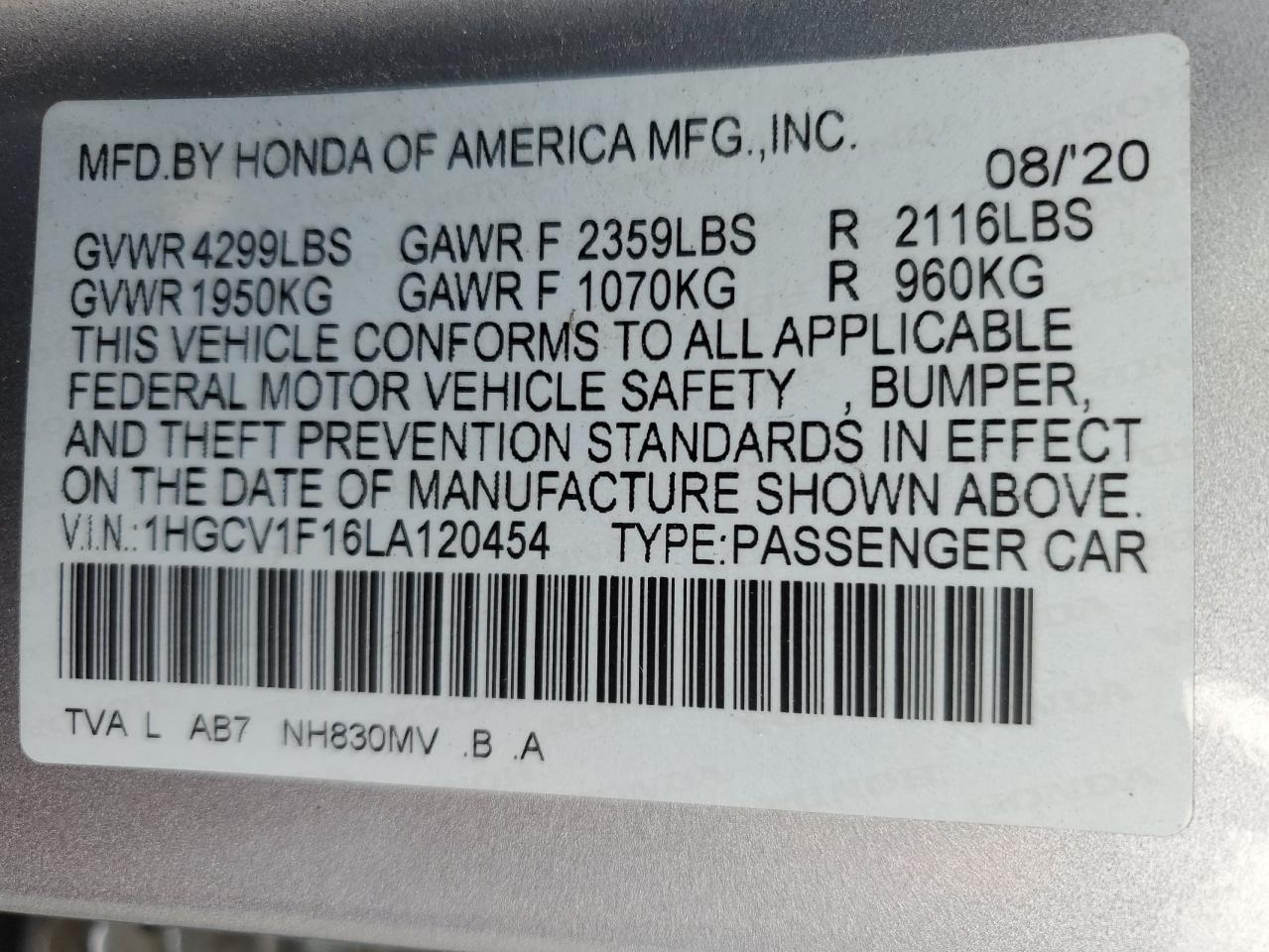 2020 Honda Accord Lx VIN: 1HGCV1F16LA120454 Lot: 79309024