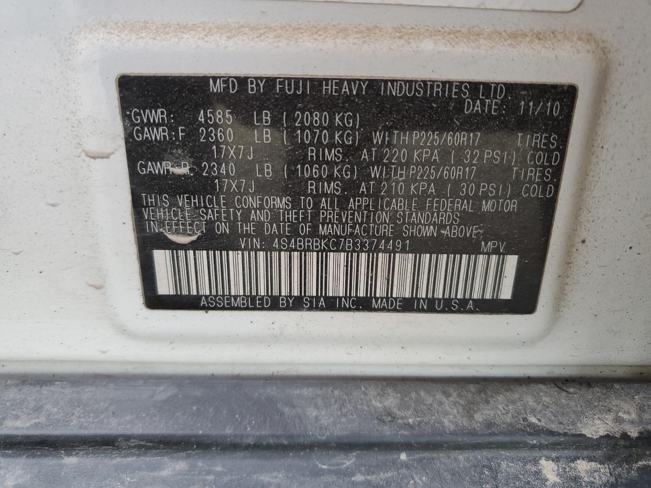 2011 Subaru Outback 2.5I Limited VIN: 4S4BRBKC7B3374491 Lot: 81194184