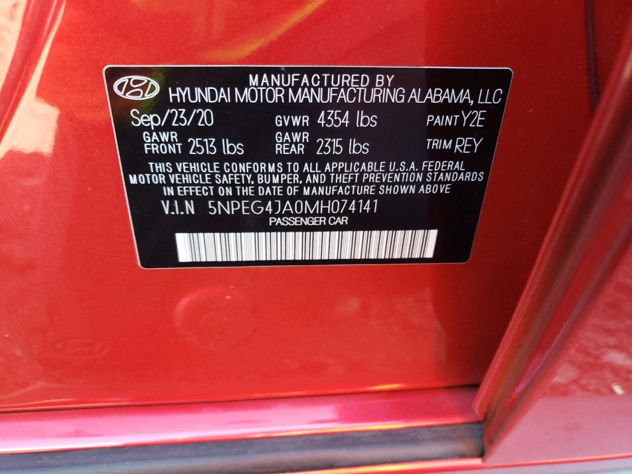 VIN 5NPEG4JA0MH074141 2021 HYUNDAI SONATA no.12