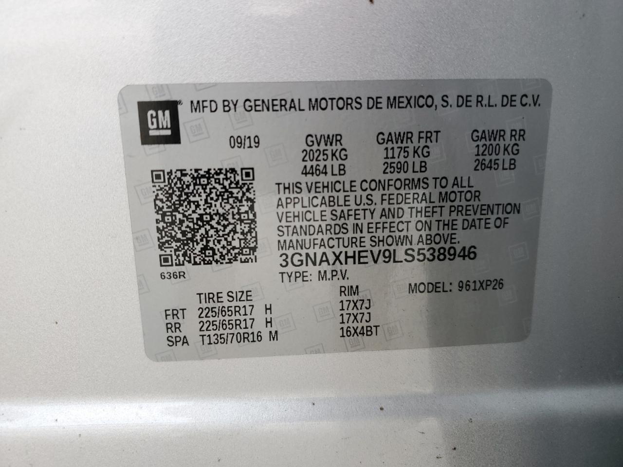 2020 Chevrolet Equinox Ls VIN: 3GNAXHEV9LS538946 Lot: 80340374