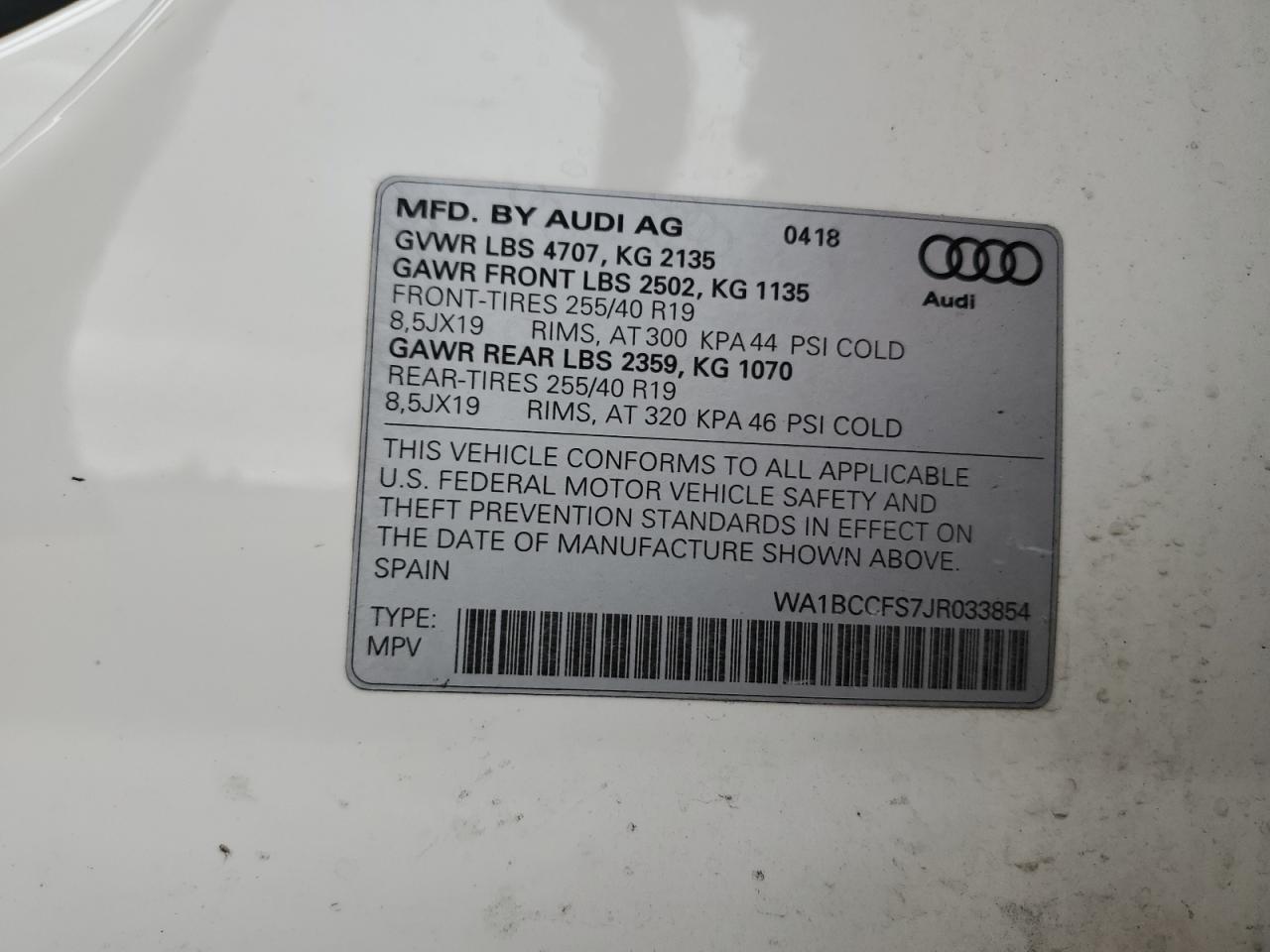 VIN WA1BCCFS7JR033854 2018 AUDI Q3 no.12