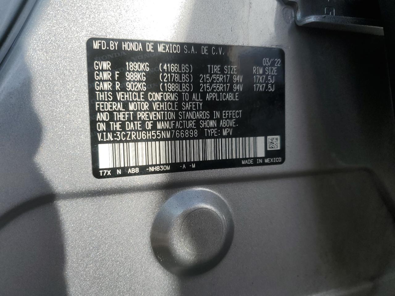 VIN 3CZRU6H55NM766898 2022 HONDA HR-V no.13