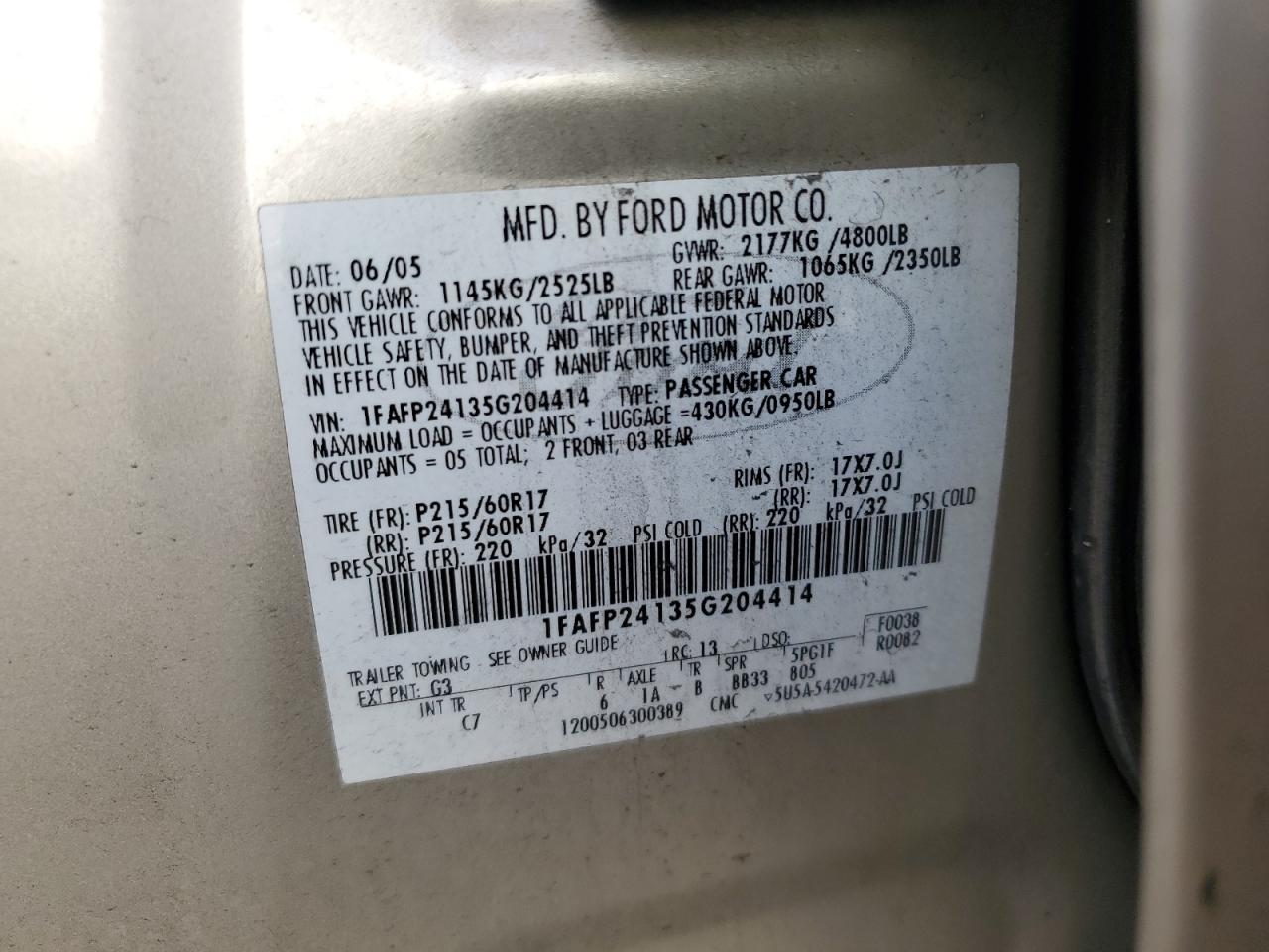 2005 Ford Five Hundred Sel VIN: 1FAFP24135G204414 Lot: 79188014