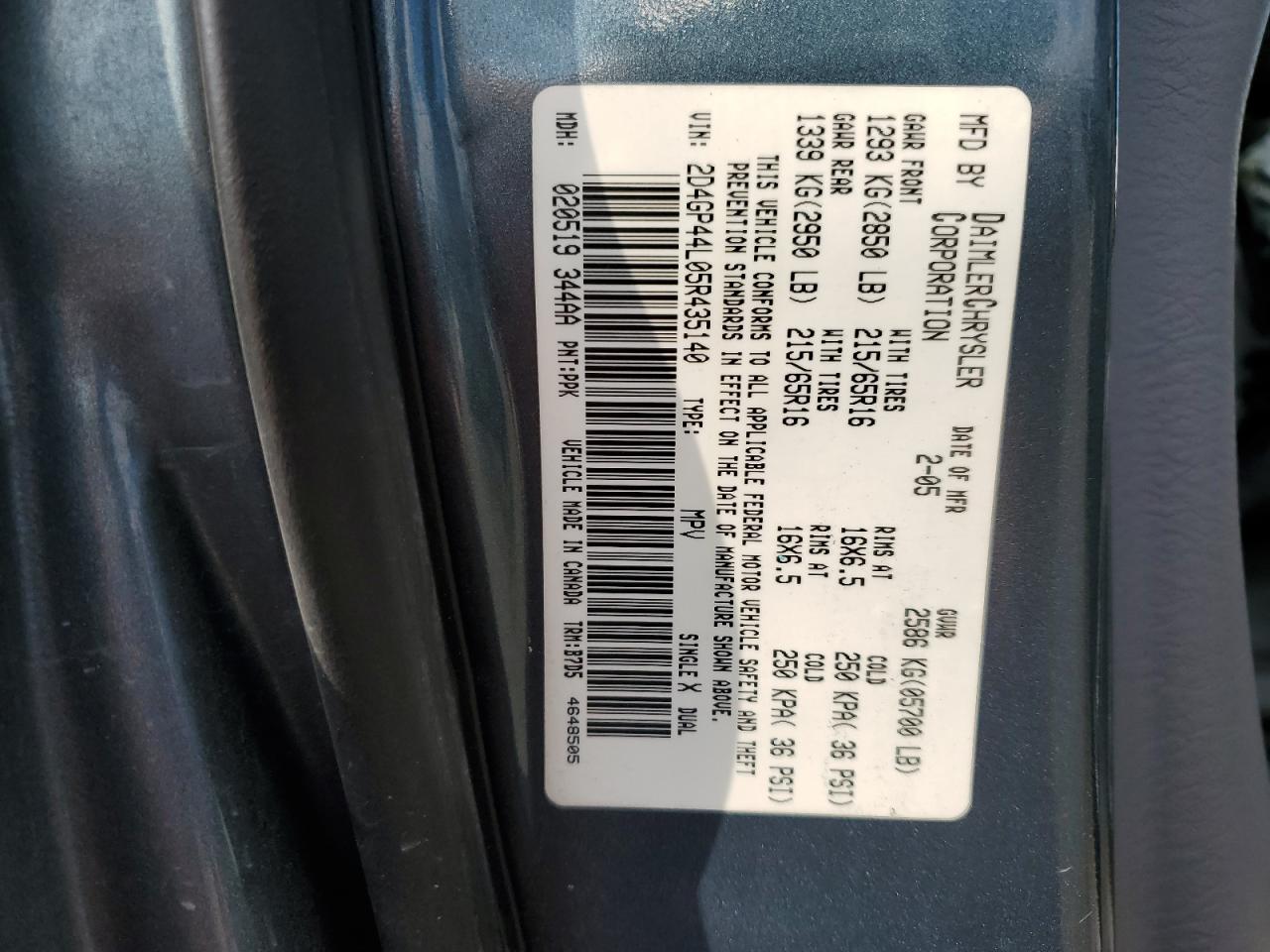 2005 Dodge Grand Caravan Sxt VIN: 2D4GP44L05R435140 Lot: 80299044