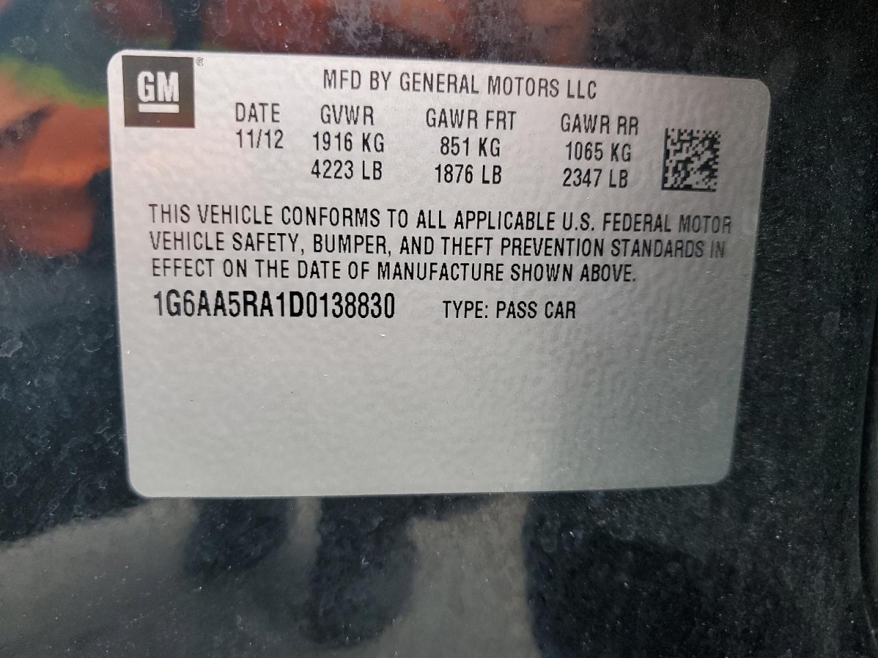 VIN 1G6AA5RA1D0138830 2013 CADILLAC ATS no.12