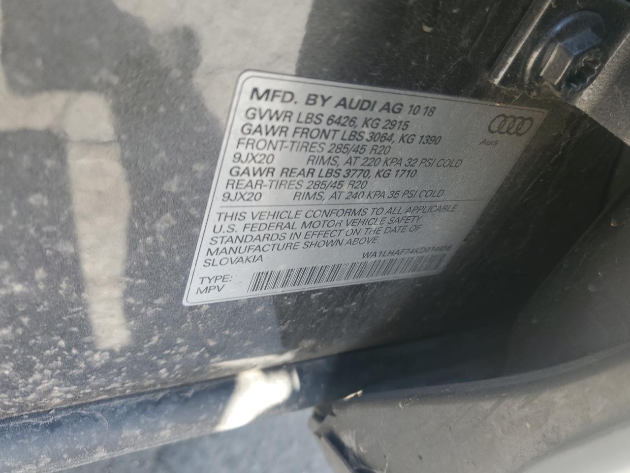 2019 Audi Q7 Premium Plus VIN: WA1LHAF74KD014456 Lot: 81950484