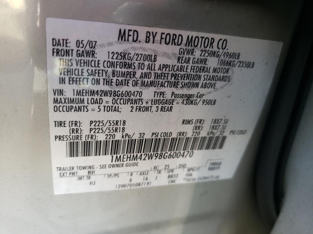 2008 Mercury Sable Premier VIN: 1MEHM42W98G600470 Lot: 81026974