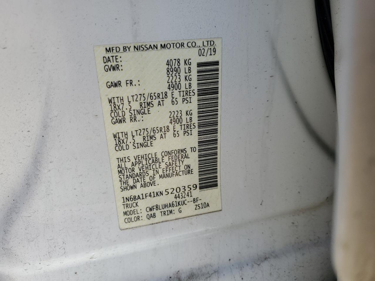 VIN 1N6BA1F41KN520359 2019 NISSAN TITAN no.12