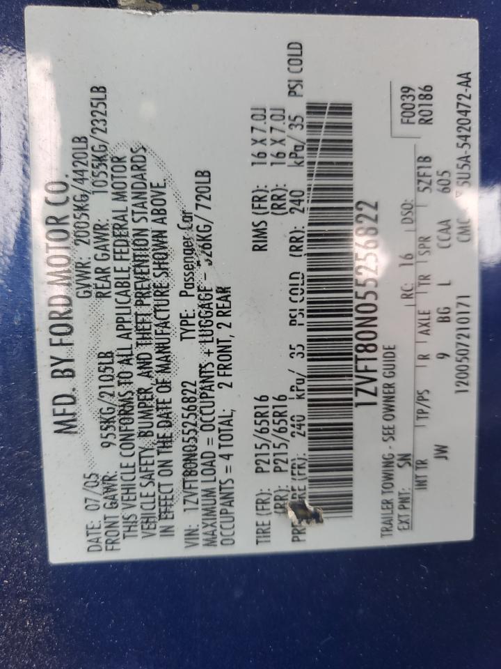 2005 Ford Mustang VIN: 1ZVFT80N055256822 Lot: 89616725