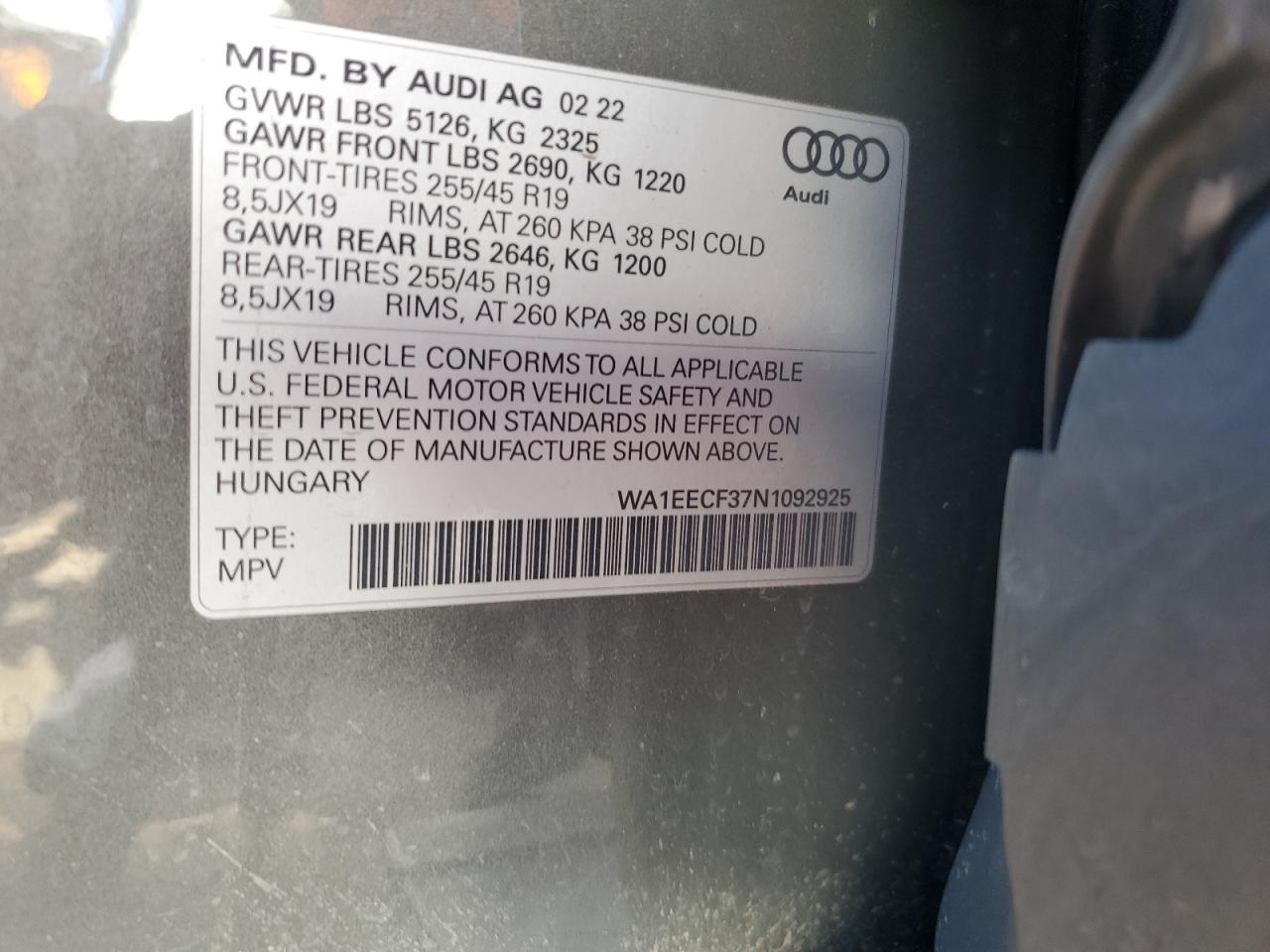 VIN WA1EECF37N1092925 2022 AUDI Q3 no.13