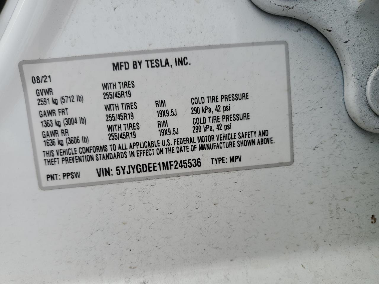 2021 Tesla Model Y VIN: 5YJYGDEE1MF245536 Lot: 78708574