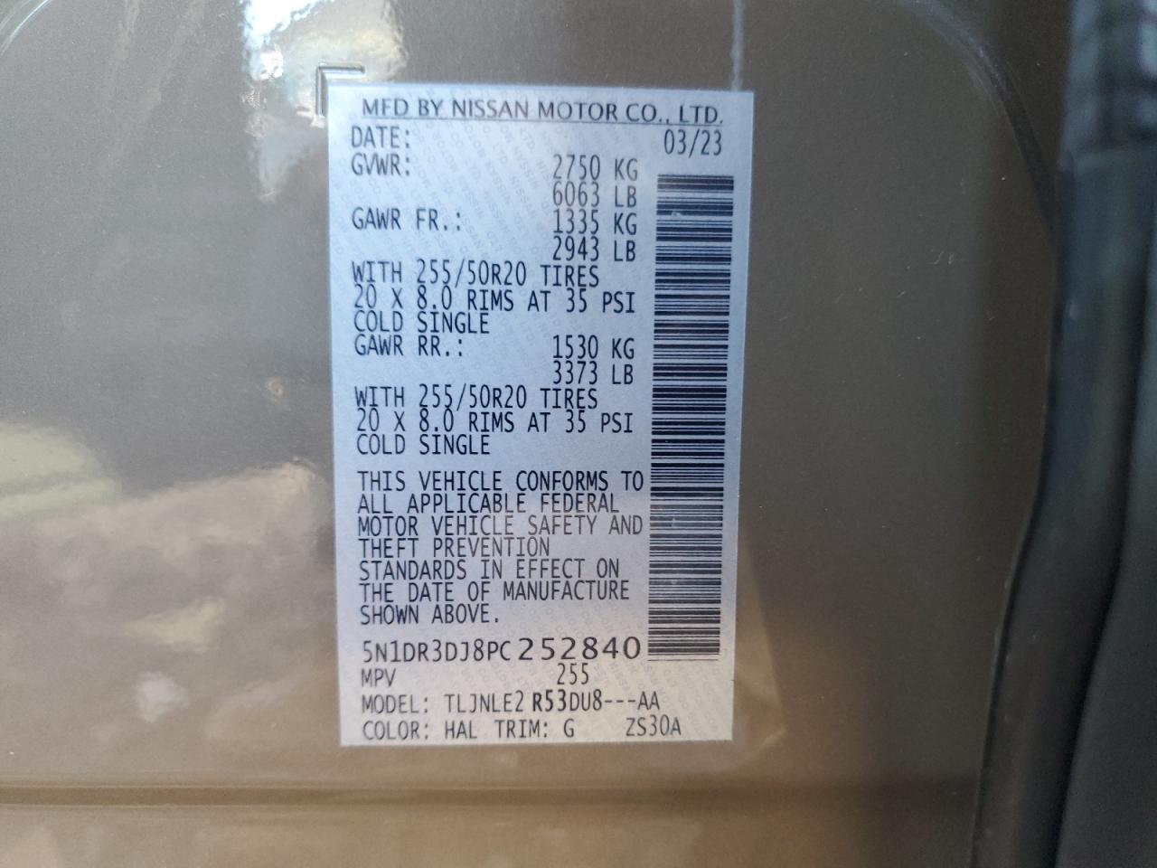 2023 Nissan Pathfinder Platinum VIN: 5N1DR3DJ8PC252840 Lot: 79870684