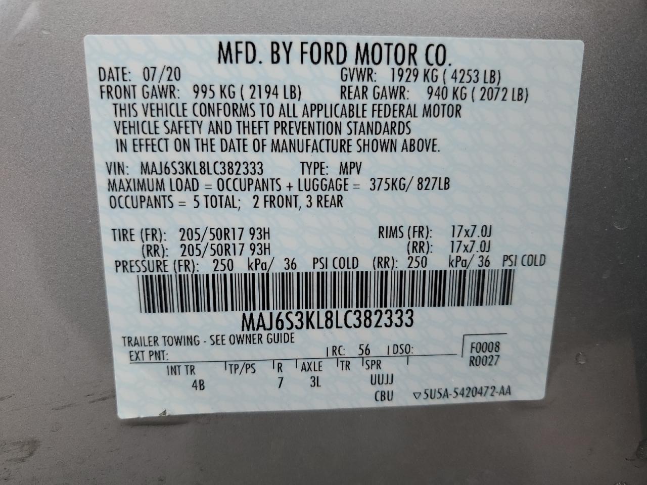 2020 Ford Ecosport Titanium VIN: MAJ6S3KL8LC382333 Lot: 82374544