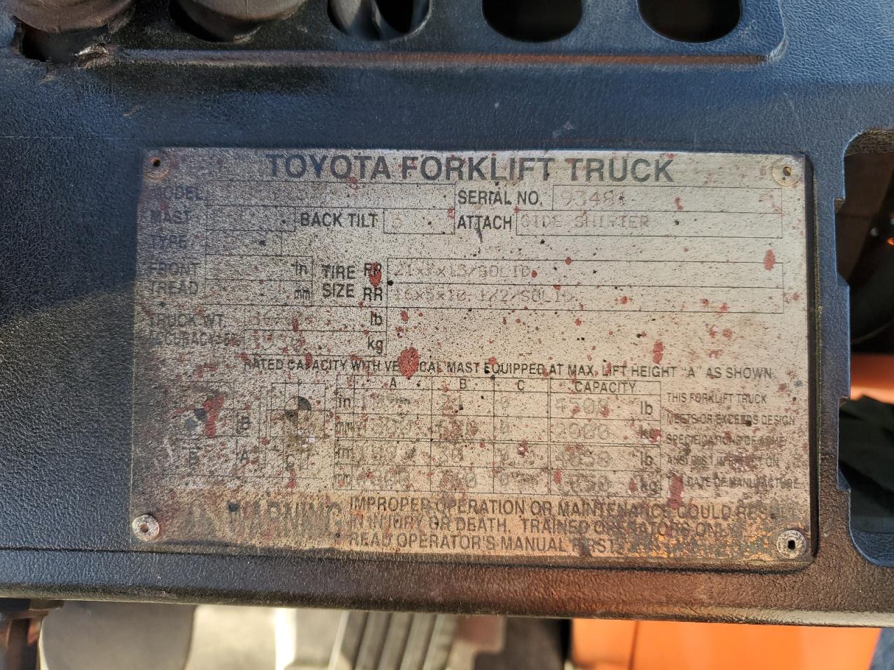 2012 Toyota Forklift VIN: 93481 Lot: 78236234