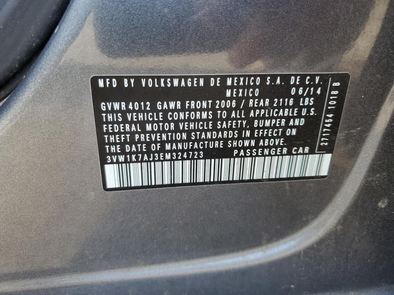 2014 Volkswagen Jetta Base VIN: 3VW1K7AJ3EM324723 Lot: 82596794