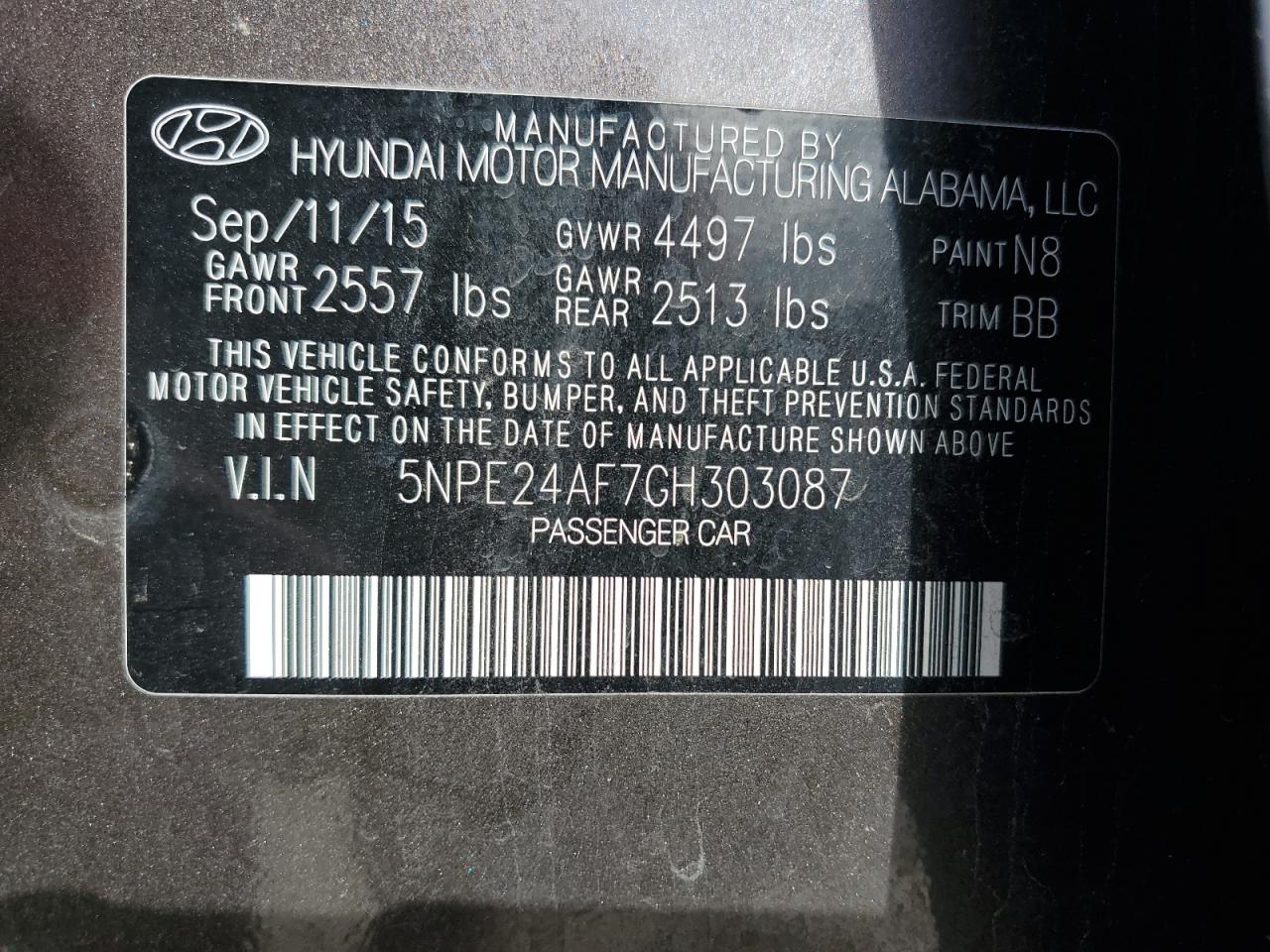 VIN 5NPE24AF7GH303087 2016 HYUNDAI SONATA no.13