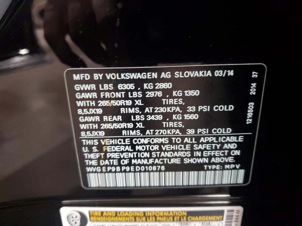 2014 Volkswagen Touareg V6 Tdi VIN: WVGEP9BP9ED010876 Lot: 78599824