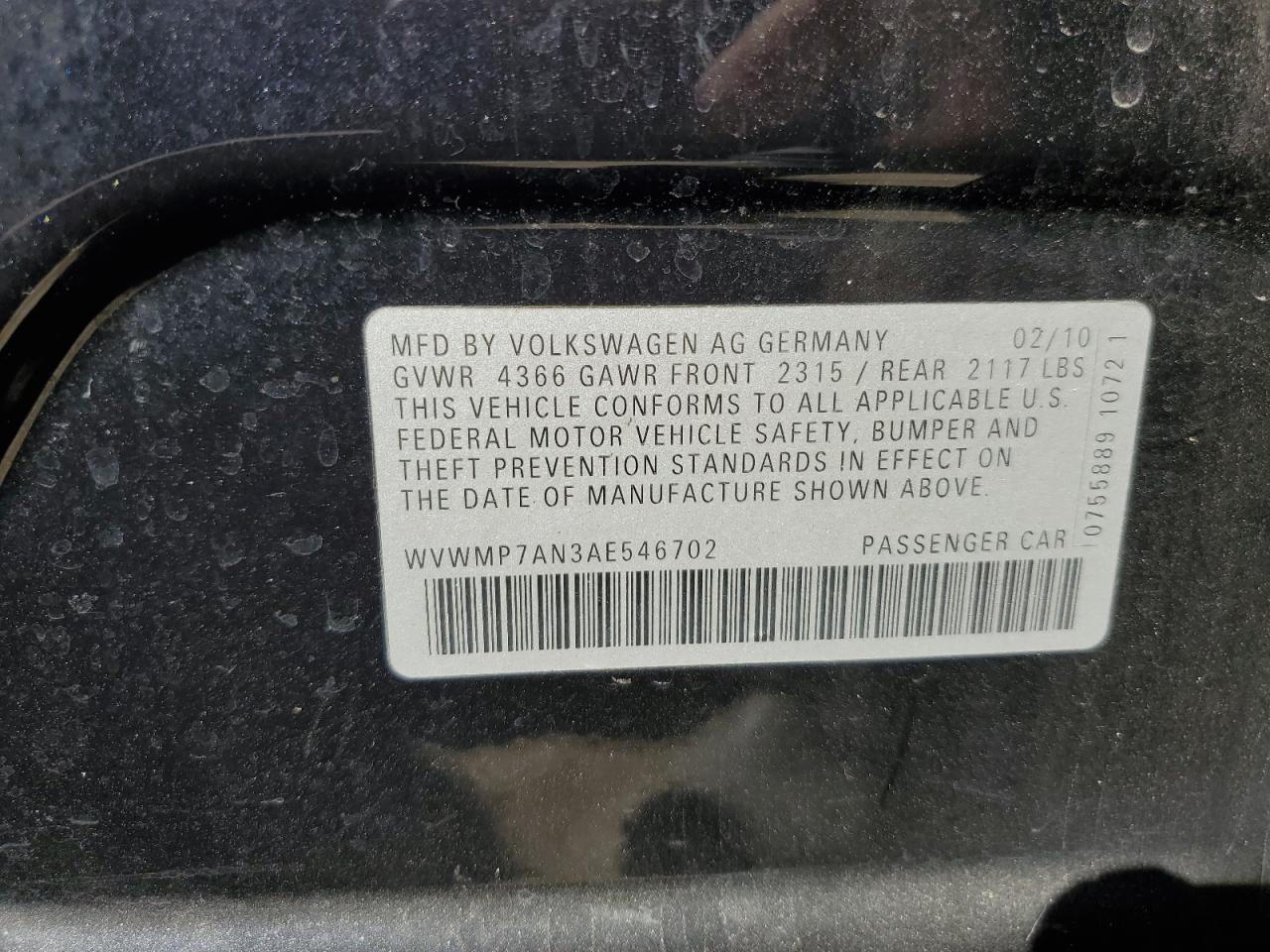 2010 Volkswagen Cc Sport VIN: WVWMP7AN3AE546702 Lot: 82254824