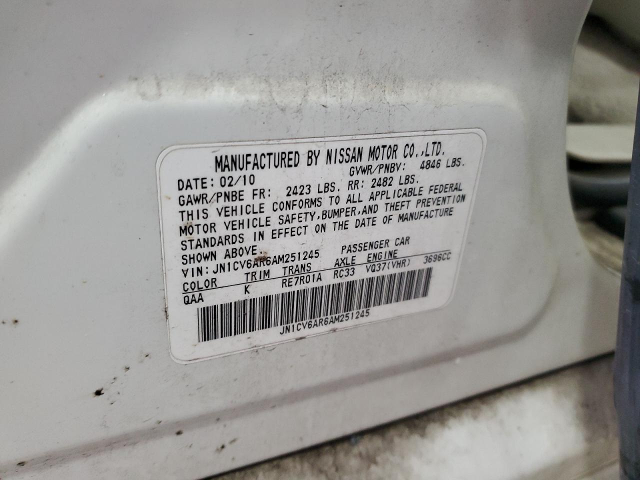 2010 Infiniti G37 VIN: JN1CV6AR6AM251245 Lot: 82455474