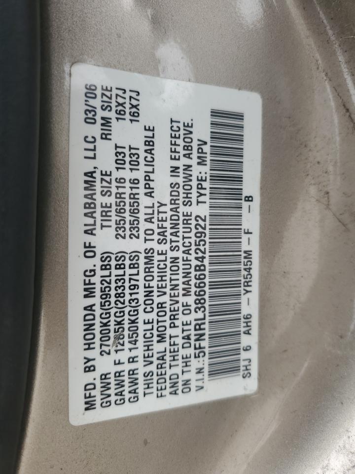 2006 Honda Odyssey Exl VIN: 5FNRL38666B425922 Lot: 82761624