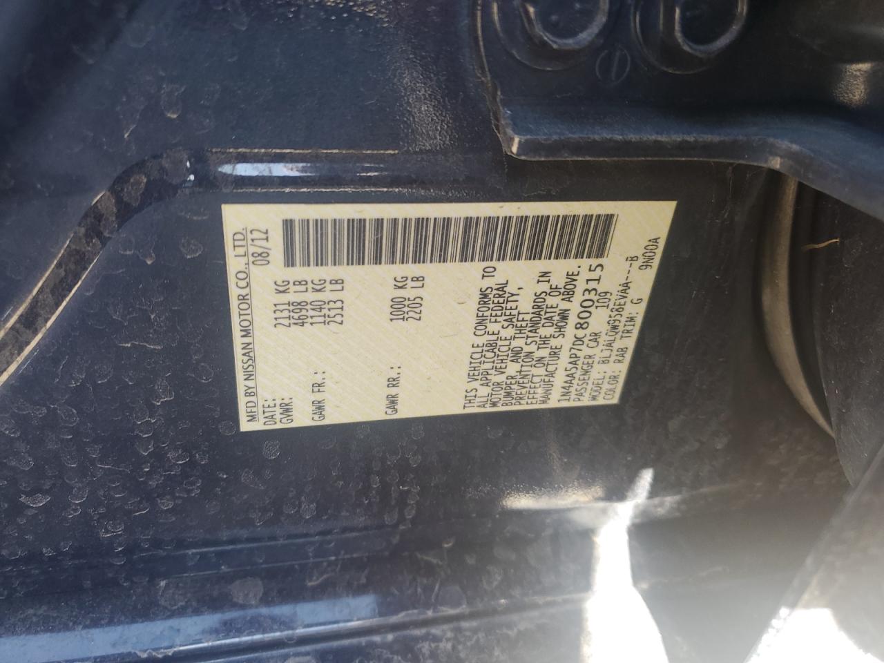 2013 Nissan Maxima S VIN: 1N4AA5AP7DC800315 Lot: 80932464