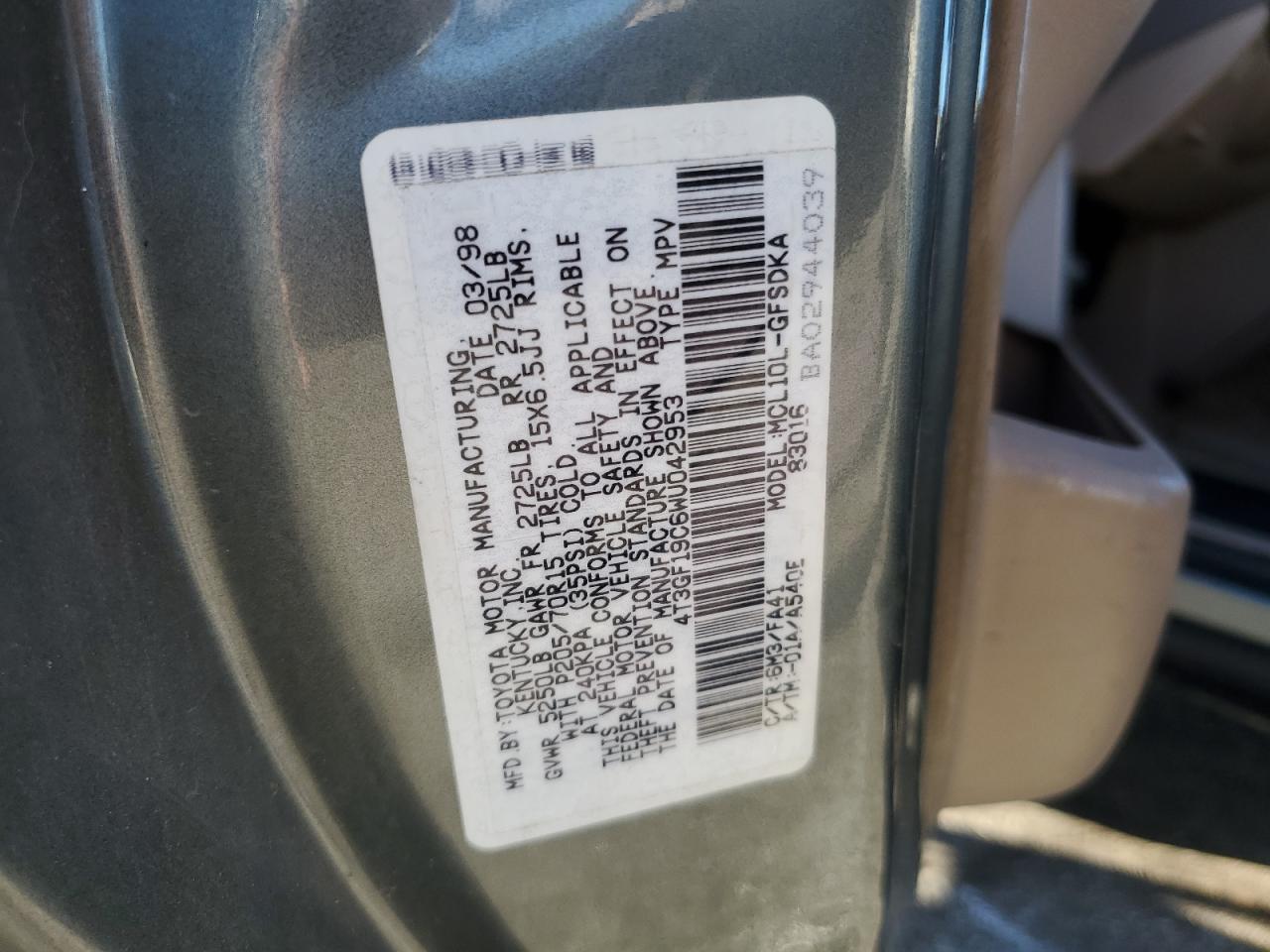 1998 Toyota Sienna Ce VIN: 4T3GF19C6WU042953 Lot: 80800754