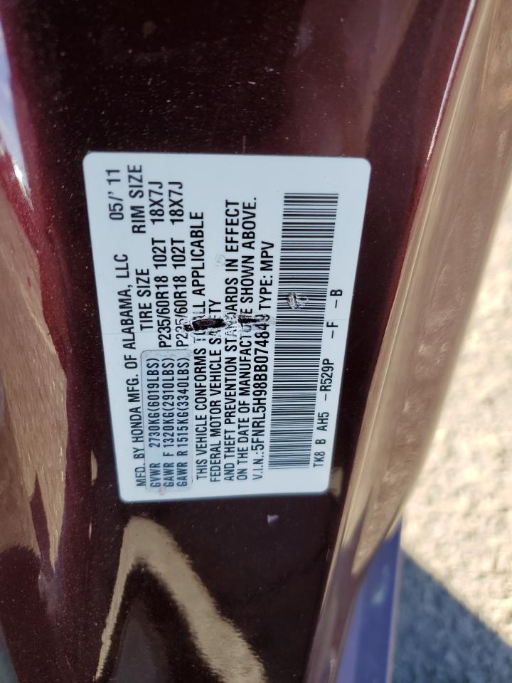 2011 Honda Odyssey Touring VIN: 5FNRL5H98BB074849 Lot: 80748434