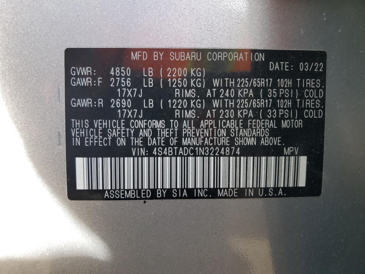 VIN 4S4BTADC1N3224874 2022 SUBARU OUTBACK no.14