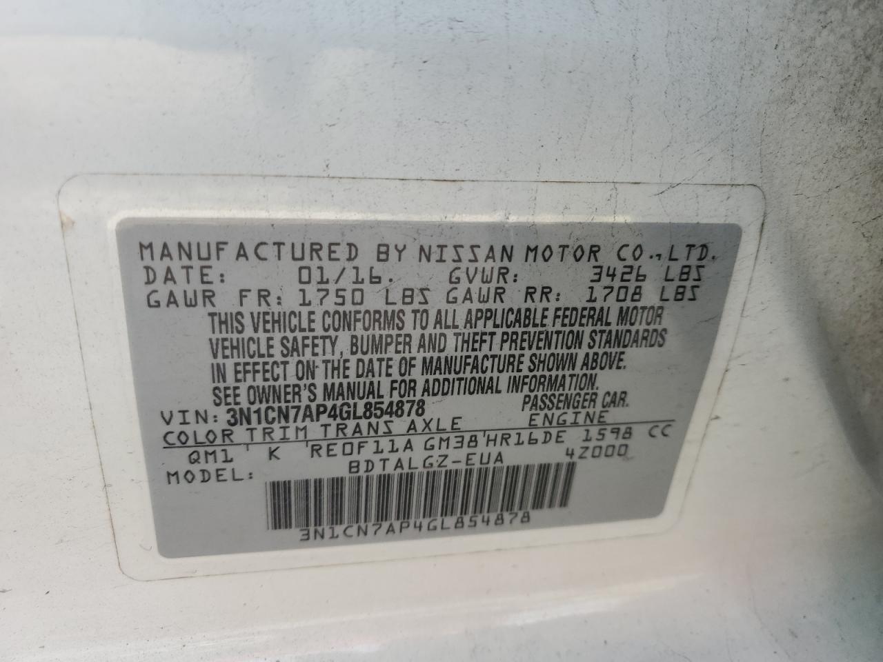 VIN 3N1CN7AP4GL854878 2016 NISSAN VERSA no.12