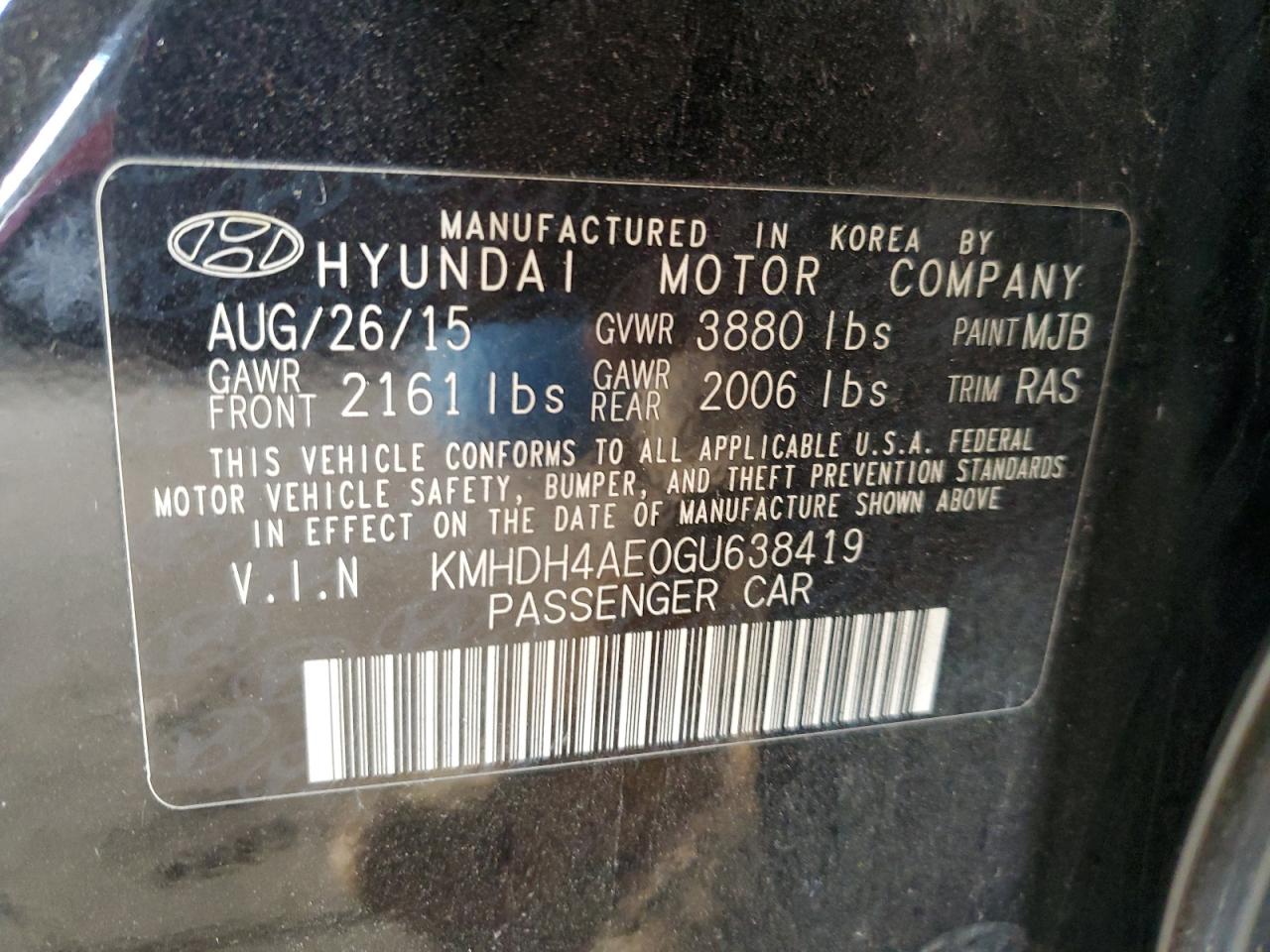 2016 Hyundai Elantra Se VIN: KMHDH4AE0GU638419 Lot: 79096134