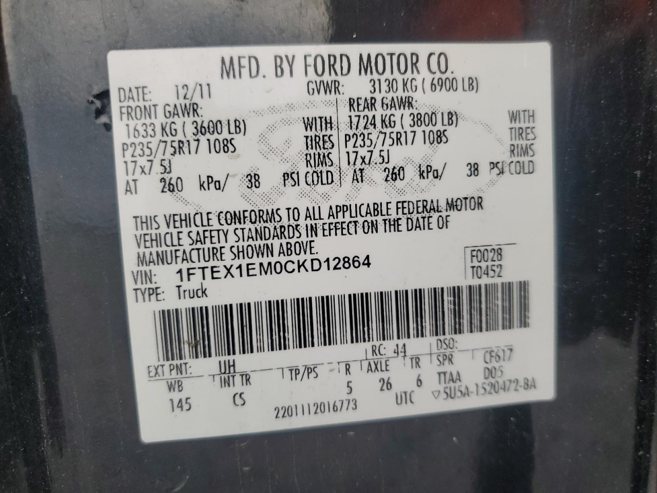 2012 Ford F150 Super Cab VIN: 1FTEX1EM0CKD12864 Lot: 86500695