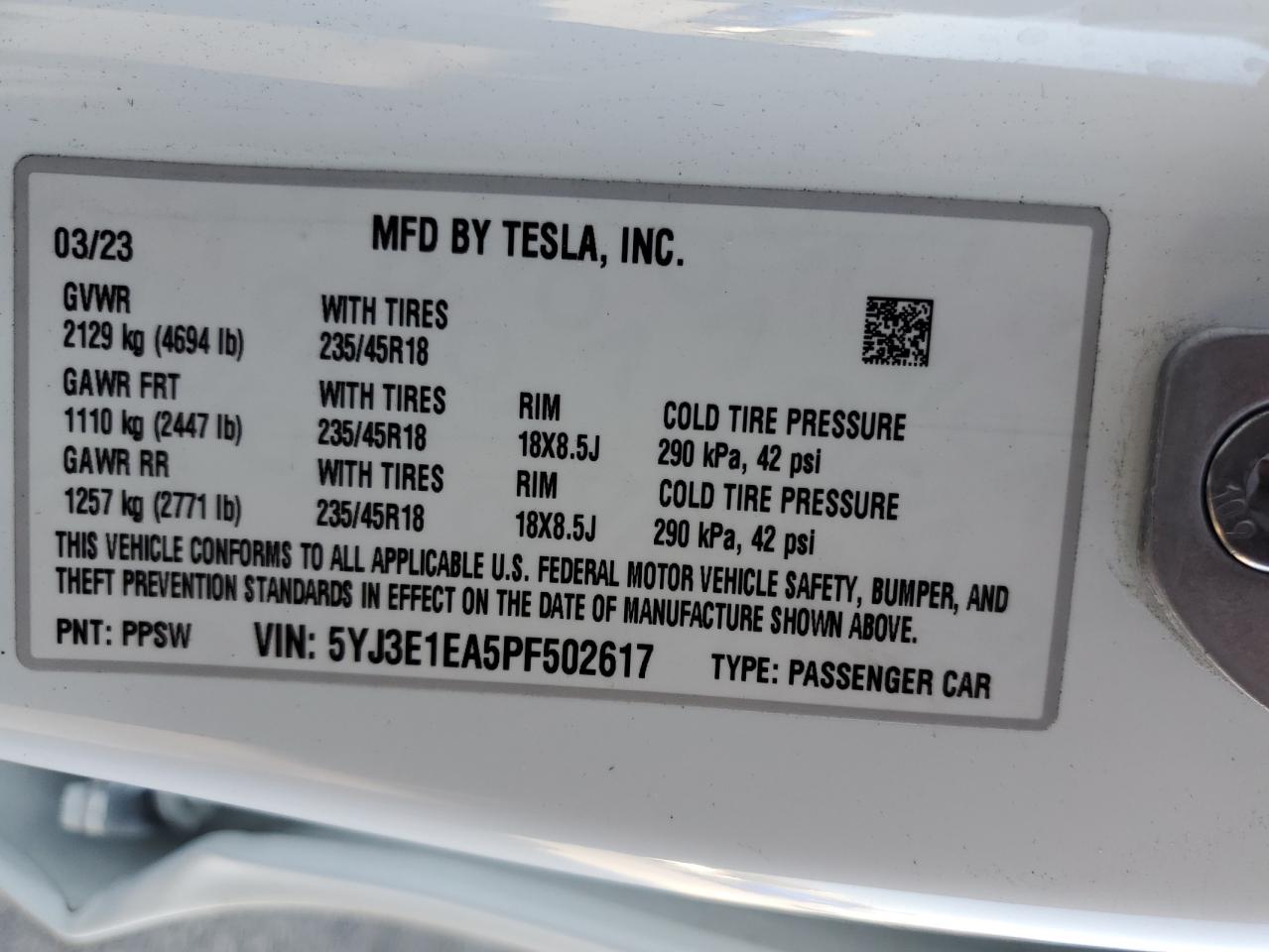 2023 Tesla Model 3 VIN: 5YJ3E1EA5PF502617 Lot: 79701134