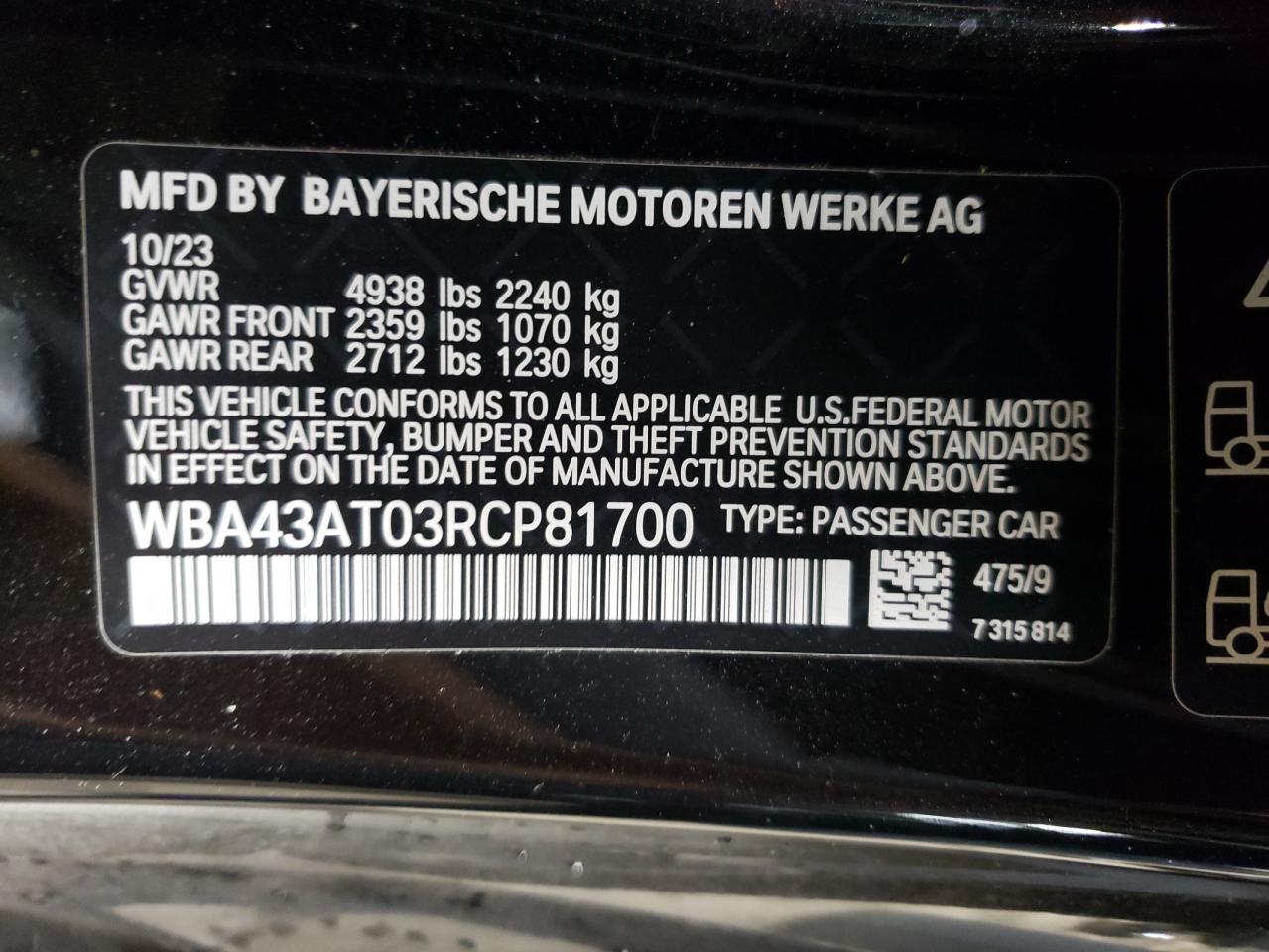 2024 BMW 430Xi VIN: WBA43AT03RCP81700 Lot: 80849574