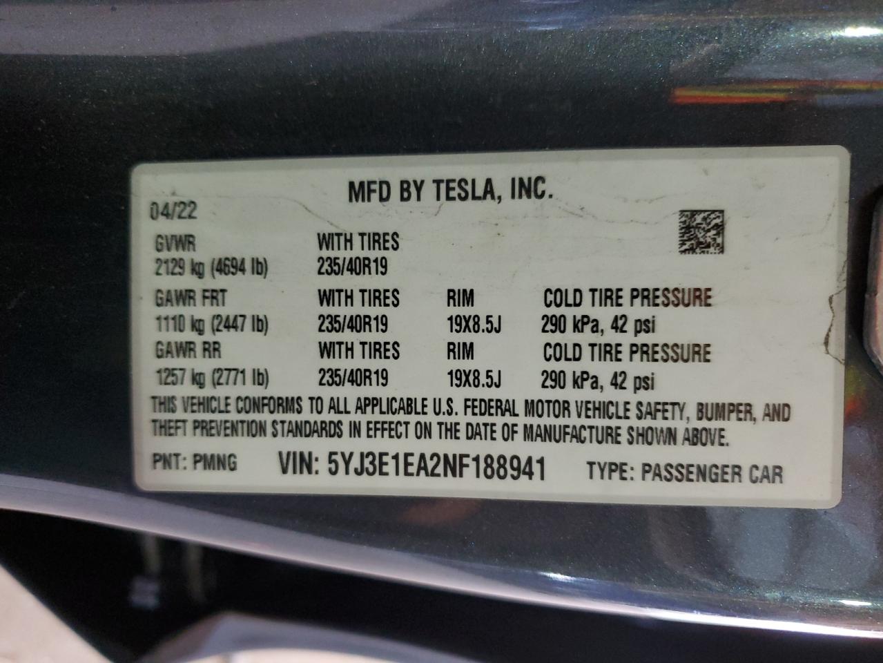 2022 Tesla Model 3 VIN: 5YJ3E1EA2NF188941 Lot: 80061284