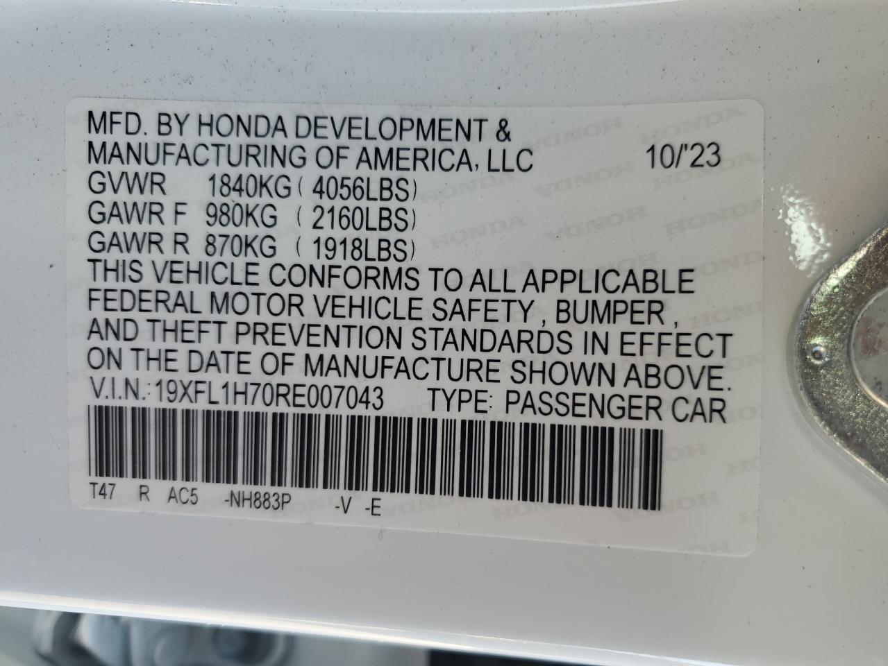 VIN 19XFL1H70RE007043 2024 HONDA CIVIC no.12