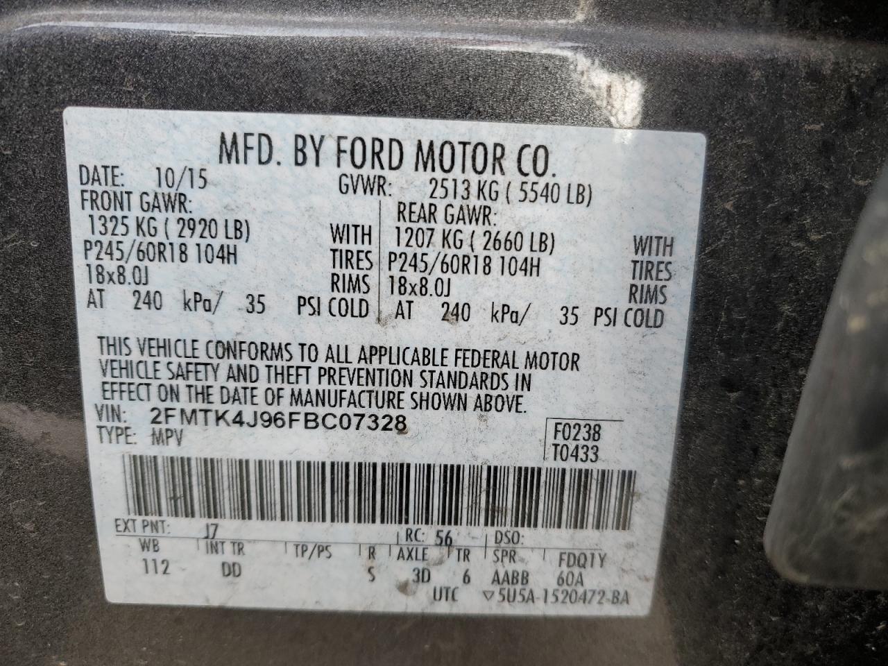 VIN 2FMTK4J96FBC07328 2015 FORD EDGE no.13