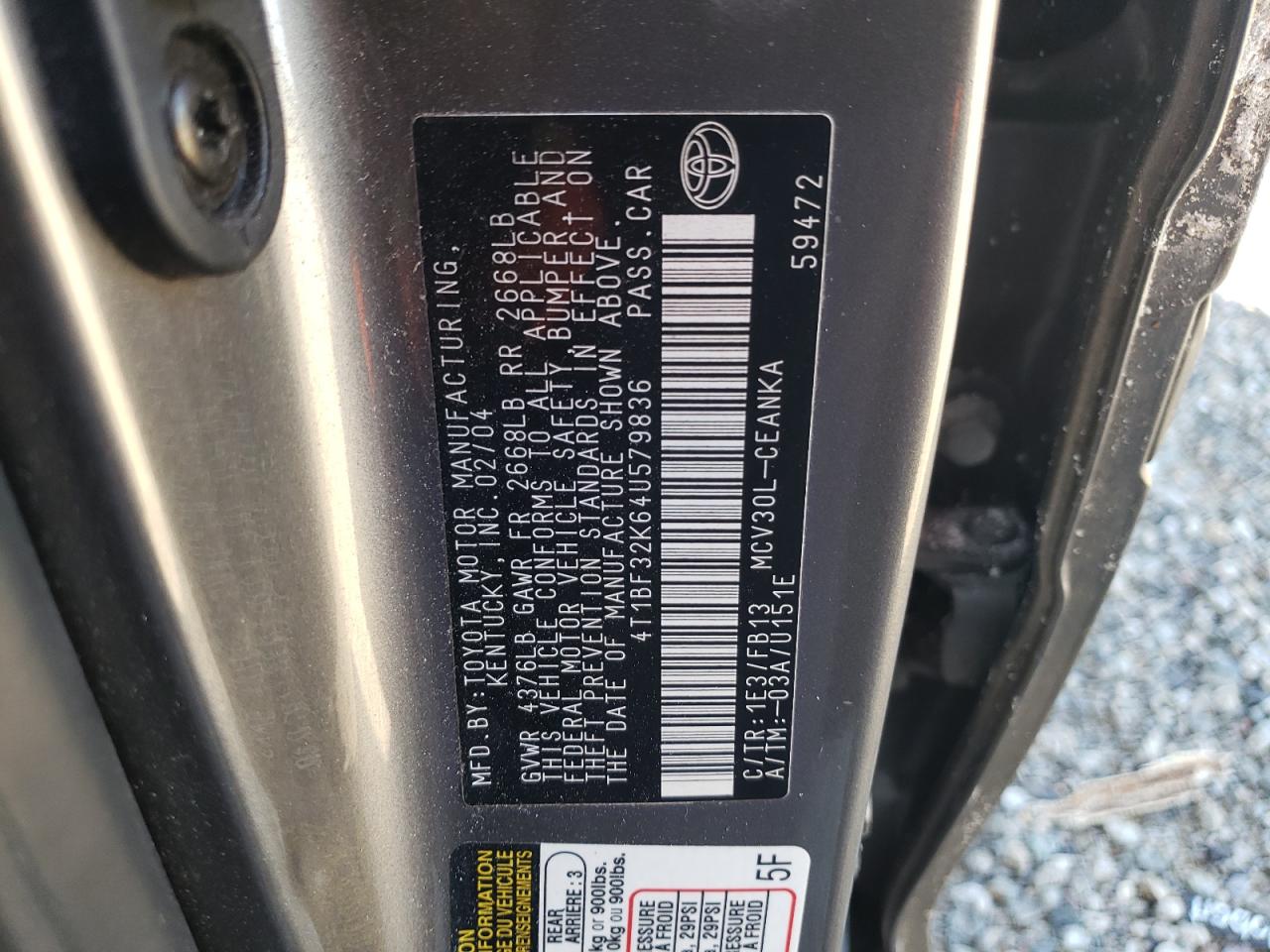 2004 Toyota Camry Le VIN: 4T1BF32K64U579836 Lot: 79358364