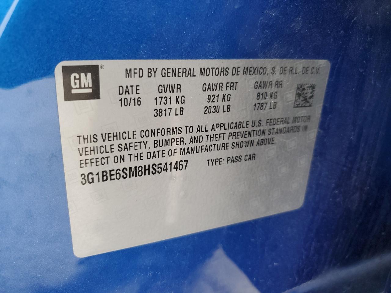 2017 Chevrolet Cruze Lt VIN: 3G1BE6SM8HS541467 Lot: 80425184