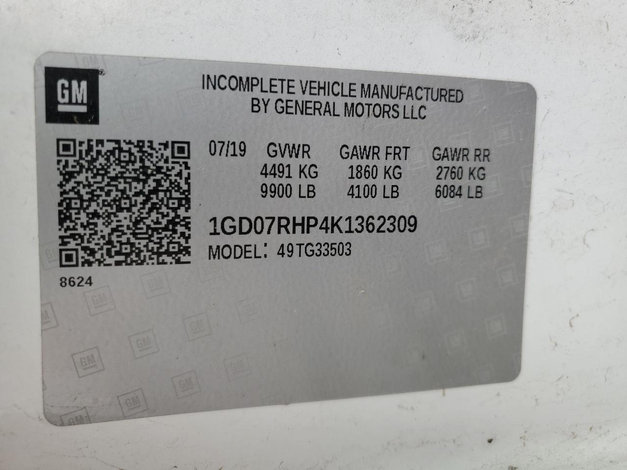 2019 GMC Savana Cutaway G3500 VIN: 1GD07RHP4K1362309 Lot: 80972724