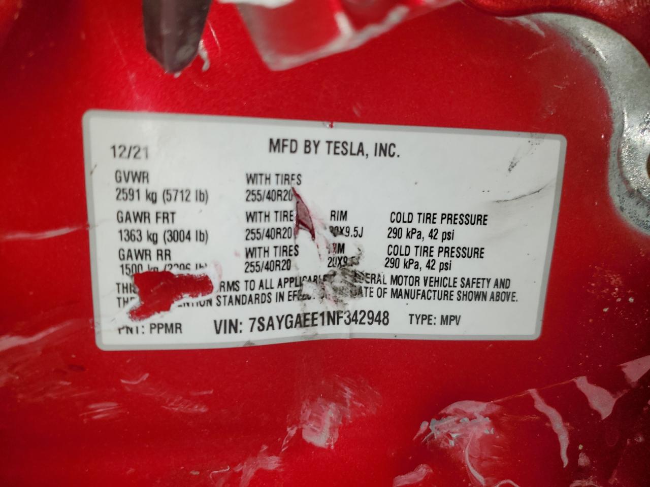 VIN 7SAYGAEE1NF342948 2022 TESLA MODEL Y no.12